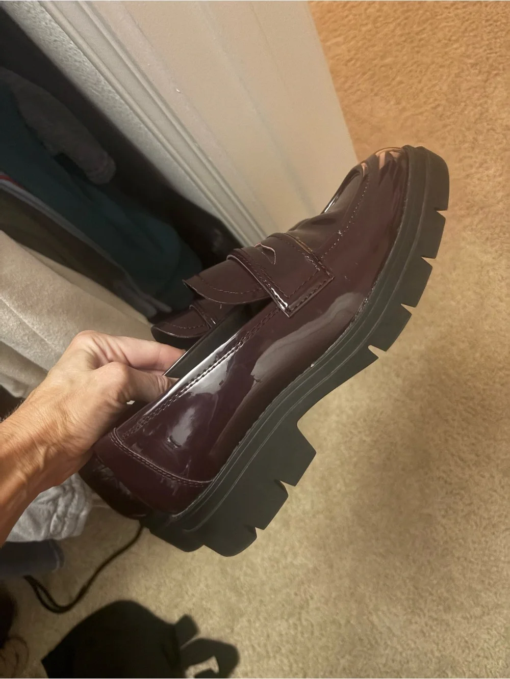 Jenn Ardor Glossy Wine-Colored Patent Leather Penny Loafers